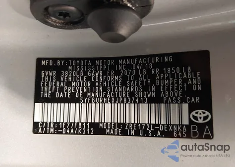 2018 Toyota Corolla Le from USA, damaged, VIN 5YFBURHEXJP837413